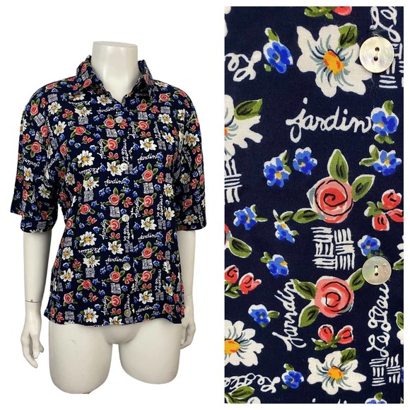 Novelty Flower Garden Print Button Up Collared Blouse / Women’s Small - Picture 1 of 4